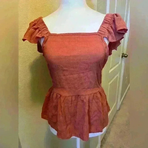 Tops - Terracotta Square Neck Ruffled Sleeve Blouse